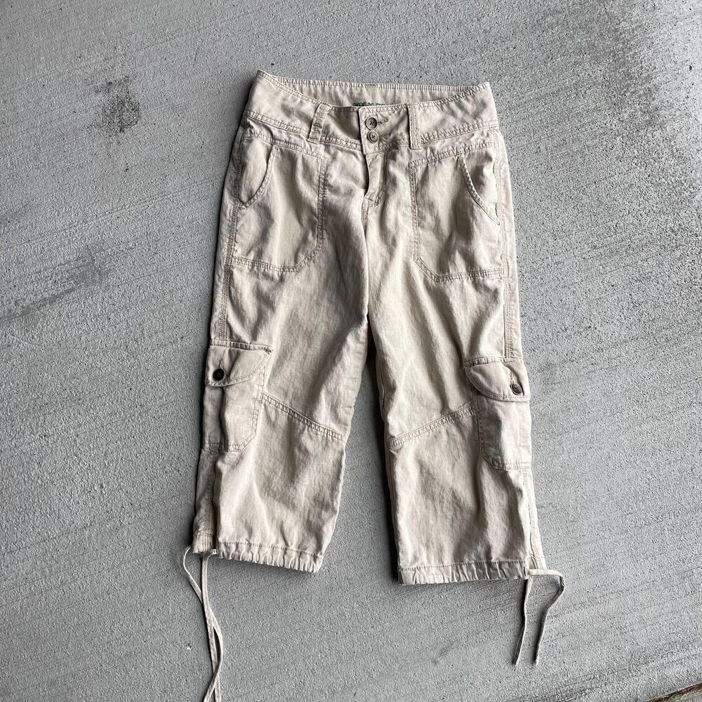 y2k vintage 2000's tan linen cotton midrise loose cargo cropped capri pants 6 - Picture 2 of 7
